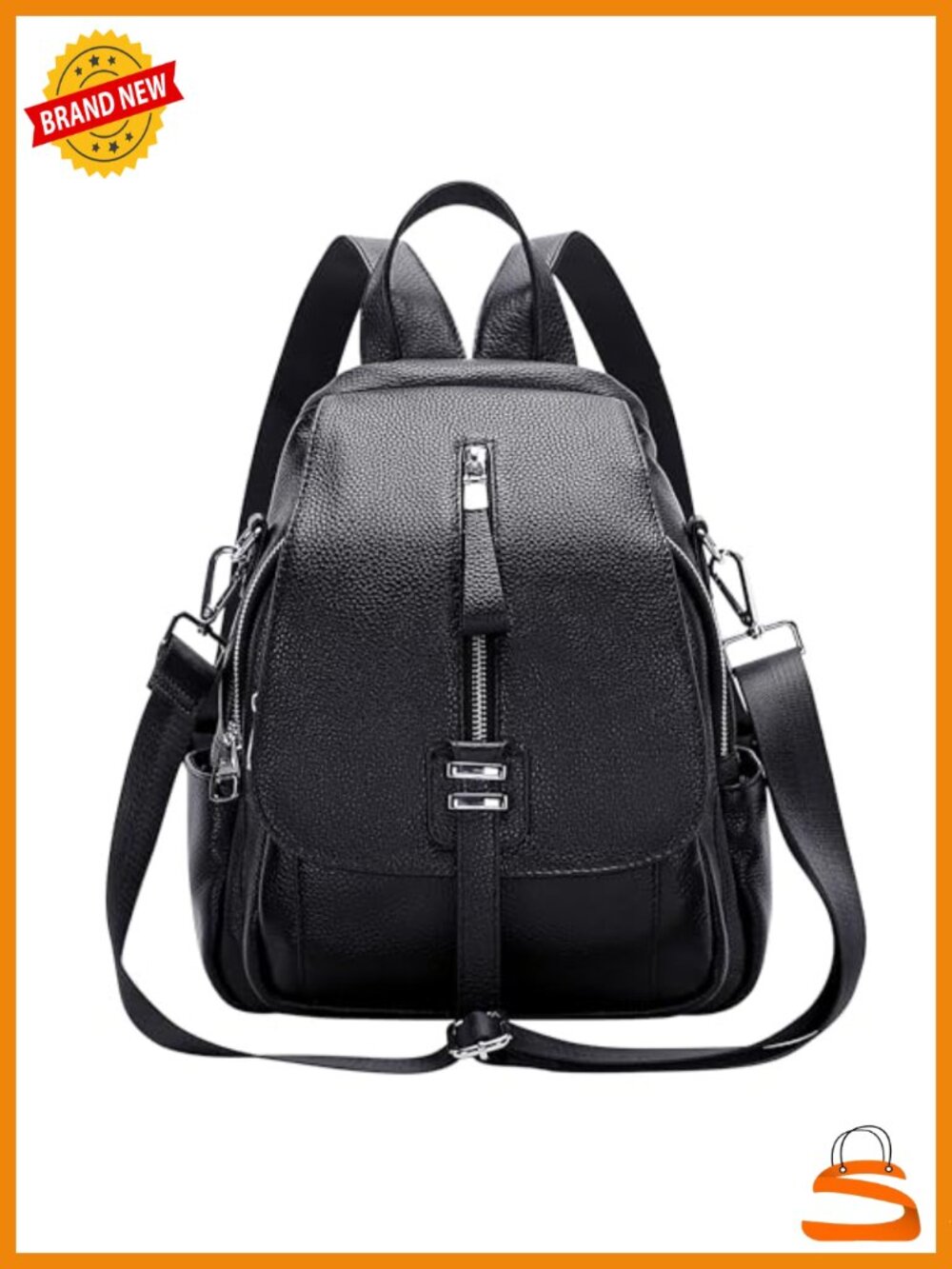 Genuine Leather Backpack Convertible Shoulder Bag with Buckle Flap